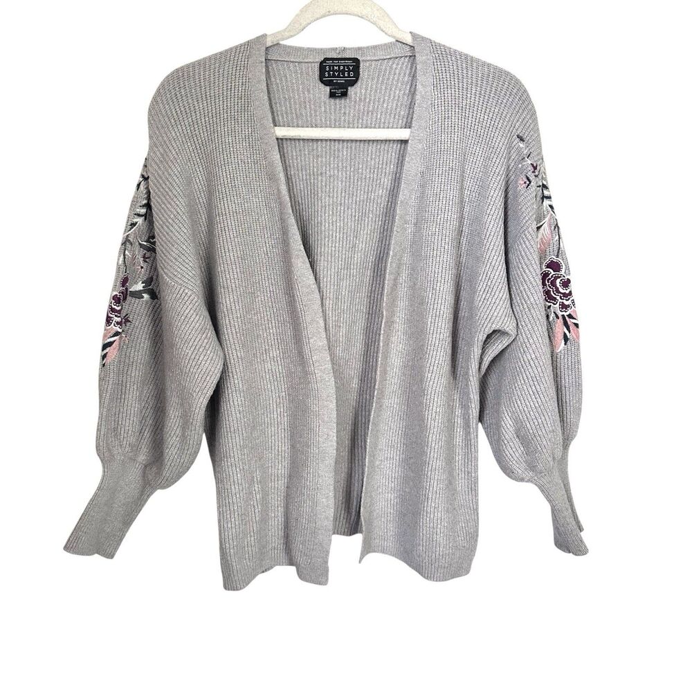 Simply Styled by Sears Womens Sz M Gray Knit Open Cardigan Sweater Floral Sleeve